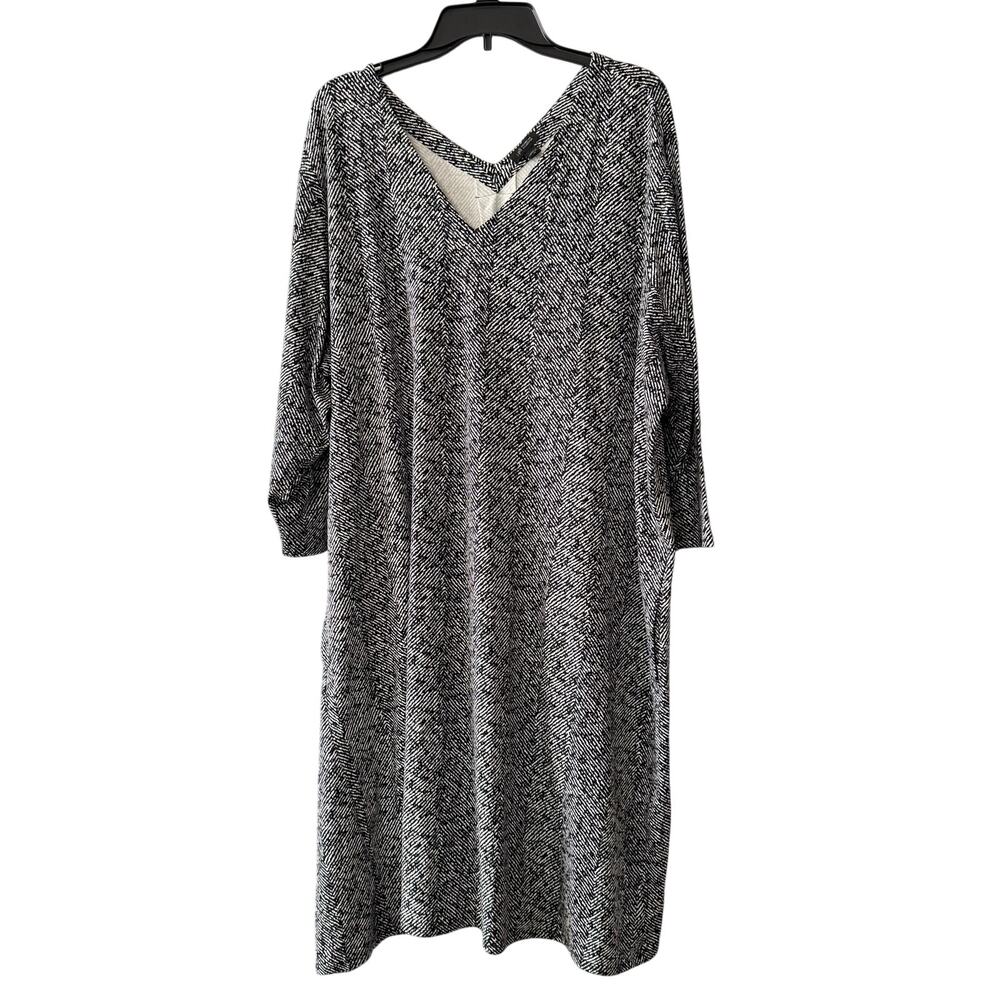 J Jill Black White Printed 3/4 Sleeve Midi Dress w/ Pockets Size 4X Stretchy